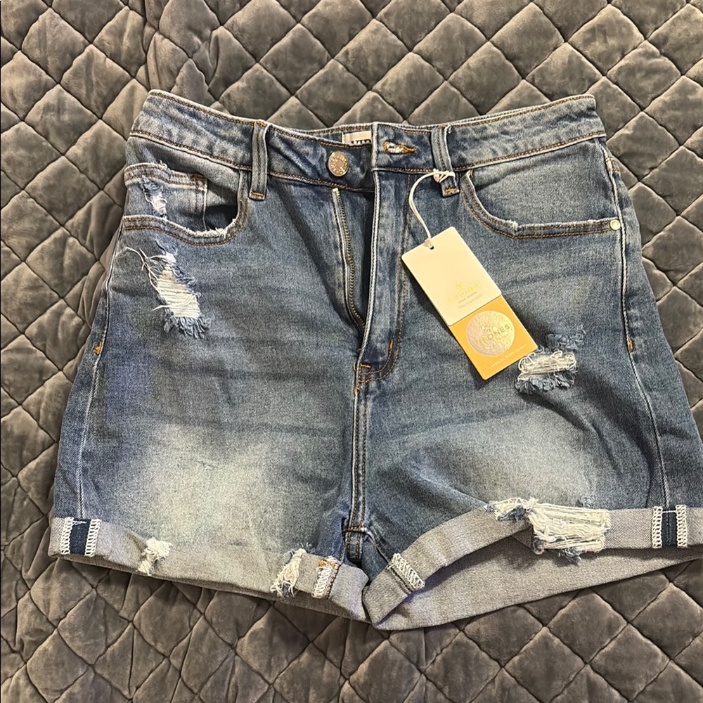 Blue Distressed Jean Shorts with Rolled Hems